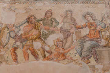 Fototapeta na wymiar The roman mosaics at house of Dionysos at Nea Paphos archaeological park in Paphos city, Cyprus