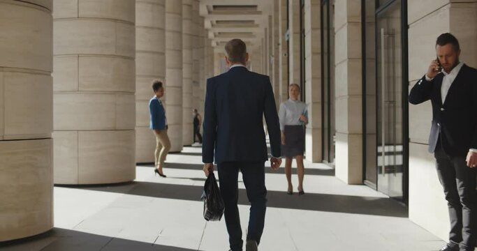 Back view of confident executive with briefcase walking outdoors downtown