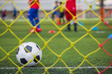 Naklejka premium Soccer ball tactics on grass field with net for training children skill