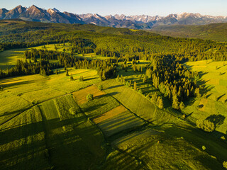 Aerial Drone View of Lapszanka Meadow and High Tatras in Poland