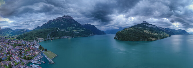 Storm over Lake Lucerne. City of Brunnen. Canton of Schwyz. Switzerland. Alps mountains panorama.
