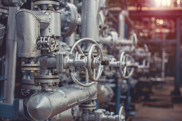 Fototapeta premium Pipe line oil and gas valves at gas plant pressure safety valve selective