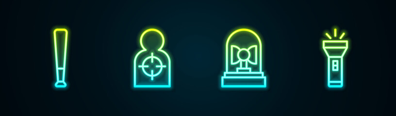 Set line Baseball bat, Human target sport for shooting, Flasher siren and Flashlight. Glowing neon icon. Vector