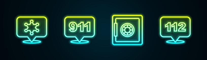 Set line Hexagram sheriff, Telephone call 911, Safe and 112. Glowing neon icon. Vector