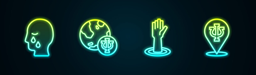 Set line Man graves funeral sorrow, Psychology, Psi, Helping hand and . Glowing neon icon. Vector