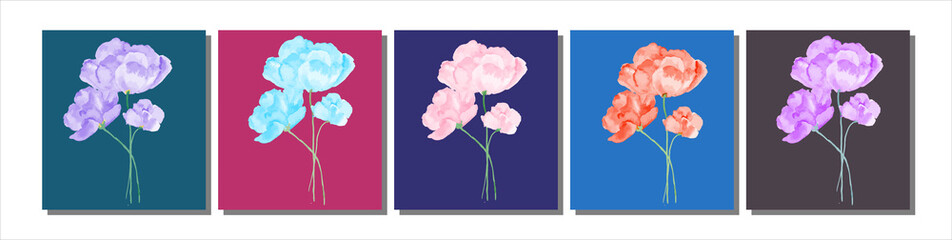 Watercolor handdrawn flower set in purple, blue, orange, pink, violet on colorful canvas. Set of 5