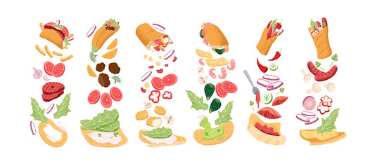 Set of shawarmas with different ingredients, wrapped in tortilla. Rolls of doner kebab, taco and gyros. Shawermas with meat, fish and shrimps. Colored flat vector illustration isolated on white.