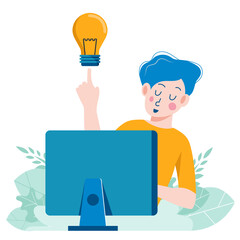 Businessman with light bulb idea and money, business concept. Brainstorming. Flat vector illustration