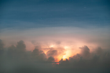 Obraz premium Abstract Dark cloud at night with thunder bolt. Heavy storm bringing thunder, lightnings and rain on sky, noisy and blur image