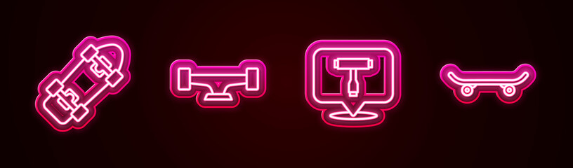 Set line Skateboard, wheel, T tool and . Glowing neon icon. Vector