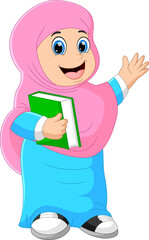 cartoon happy muslim girl holding a book