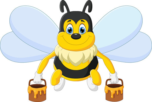 cartoon cute bee carrying honey in a bucket