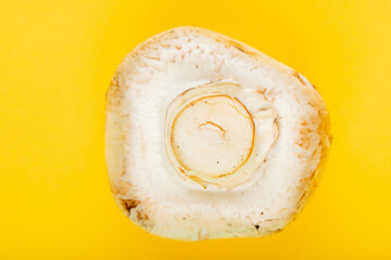 top view of fresh white mushroom isolated on yellow background