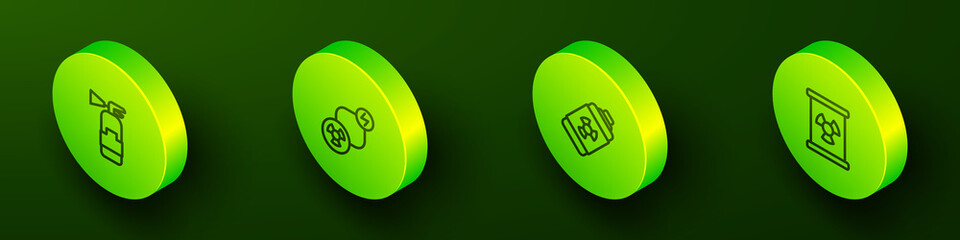 Set Isometric line Fire extinguisher, Radioactive exchange energy, Nuclear battery and waste barrel icon. Vector