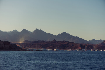 red sea coastline landscape with Egypt mountains on background