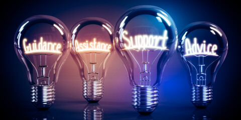 Guidance, assistance, support, advice - shining four light bulbs - 3D illustration