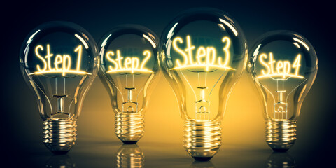 Step 1, 2, 3, 4 - shining four light bulbs - 3D illustration