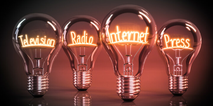 Television, radio, internet, press - shining four light bulbs - 3D illustration