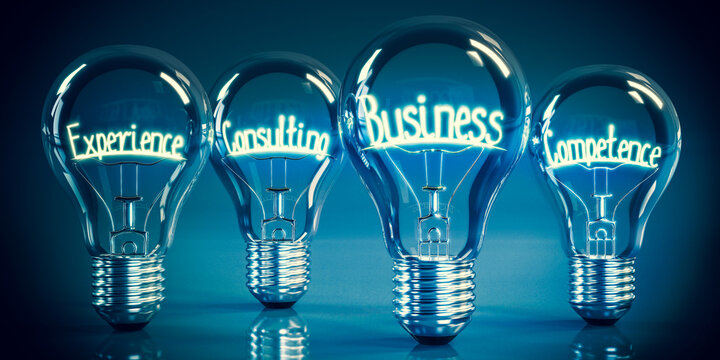 Experience, consulting, business, competence - shining four light bulbs - 3D illustration