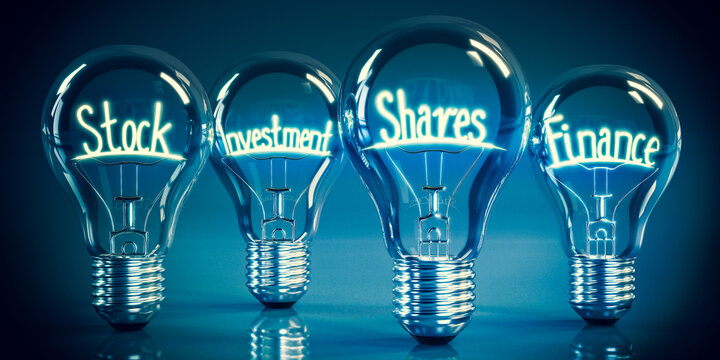 Stock, investment, shares, finance - shining four light bulbs - 3D illustration