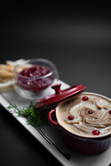close up of goose meat liver pate with cranberry and bread on black background