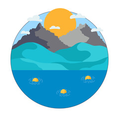 Vector round label of simple landscape of a mountain and sea, background template. Vector illustration in a flat style. . Vector illustration