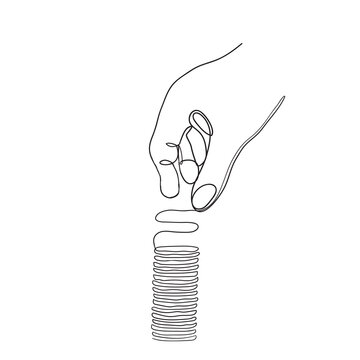hand drawn doodle hands put coins illustration in continuous line art style vector isolated