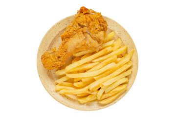 Plate with fried chicken leg and fries on a light background. View from above