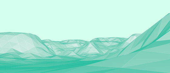 Abstract Background futuristic Digital landscape and wireframe Mountain Concept on green.banner,website,Copy Space,poster,Card -3d Rendering