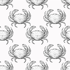 Image of Vintage seamless pattern with hand drawn crabs in sketch engraving style. Sea food print for textile and wrapping paper. printed on Printed Glass Basin Splashbacks