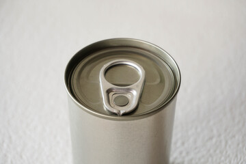 Aluminum can on white background. blur tinned on table