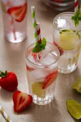 Cocktails with fruits and berries. Summer cold refreshing fruit drink.