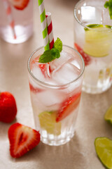 Cocktails with fruits and berries. Summer cold refreshing fruit drink.