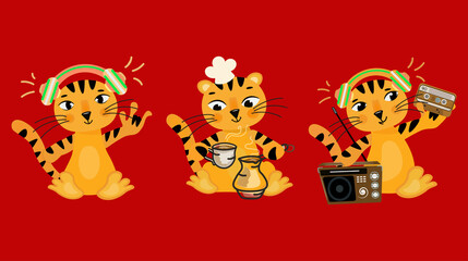 3 cute funny tiger cubs on a bright red background. The symbol of the year 2022 is the fiery tiger. Cool music lover, chef and retro DJ. New Year's talisman. Vector for postcards, poster, calendars.