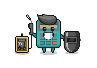 Character mascot of calculator as a welder