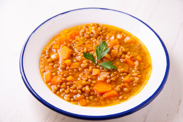 Lentils with carrots. Traditional northern spanish tapa.