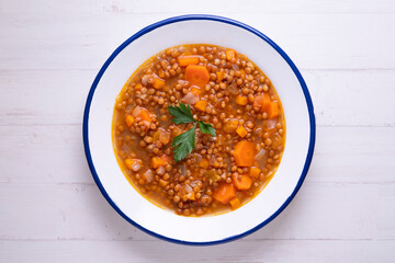 Lentils with carrots. Traditional northern spanish tapa.