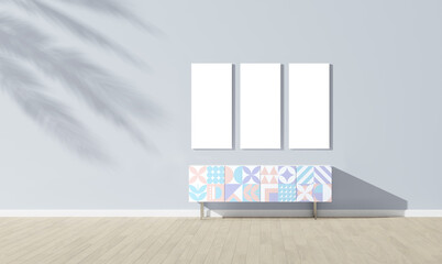 Empty wall mock up in Scandinavian style interior with painted sideboard. 3D render. Seamless pattern. Painting furniture. Minimalist interior design. 3D illustration. Blank paintings on the wall.
