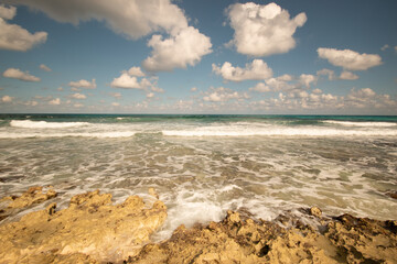 Cancun view from Isla Mujeres with the ocean in between.