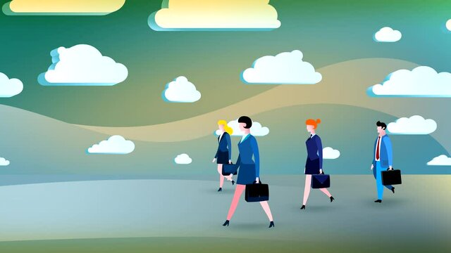 A group of cartoon business people walking. Business team characters animated version. Business cartoon animations serie. Seamless loop and transitions.