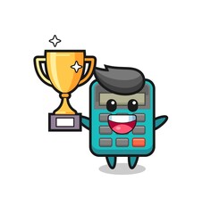 Cartoon Illustration of calculator is happy holding up the golden trophy