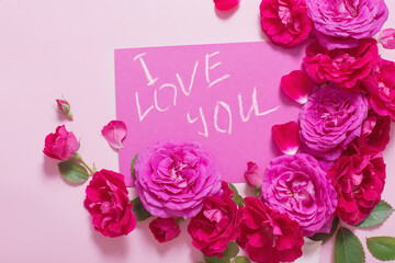 roses on  pink background with  declaration of love