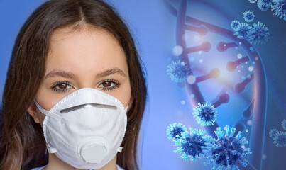 Woman in a medical mask with a blurry background. Concept of protection against viruses and...