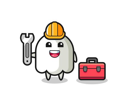 Mascot cartoon of ghost as a mechanic
