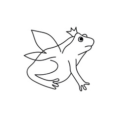 Single hand drawn frog with wings and crown. Funny toad. Doodle vector illustration. Isolated on a white background. Goblincore style
