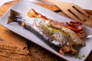 Trout with ham. Traditional tapa from the north of Spain.