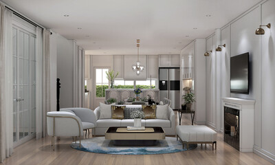 Naklejka na ściany i meble Home and decoration interior design of luxury living and dining room and cozy sofa style and white wall texture background, 3d rendering 