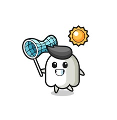 ghost mascot illustration is catching butterfly