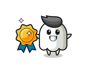 ghost mascot illustration holding a golden badge