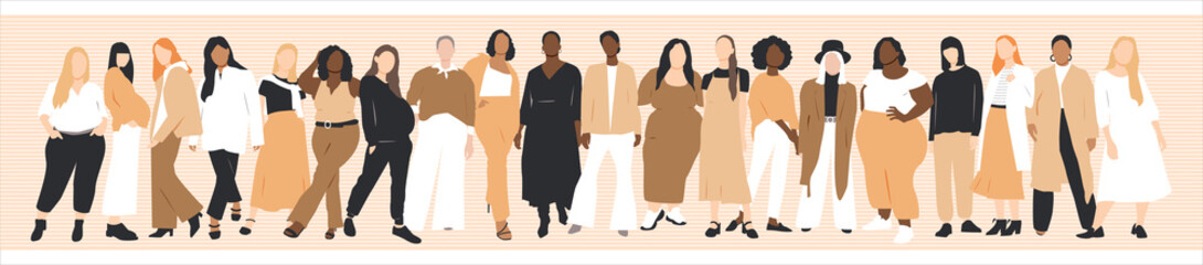 Women of different ethnicities stand side by side together. Flat vector illustration.	